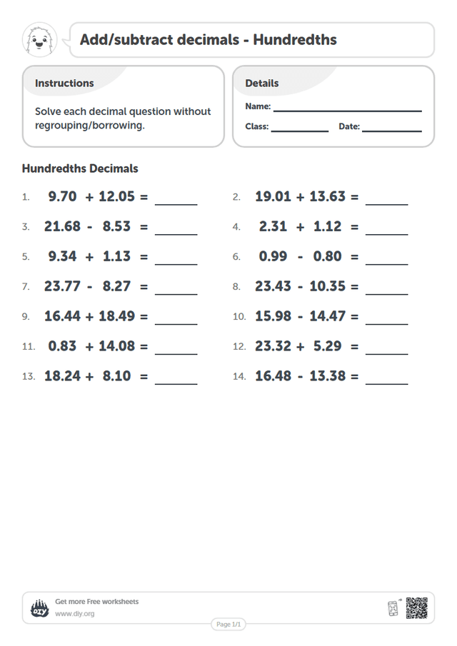 Add/subtract decimals - Hundredths page 1