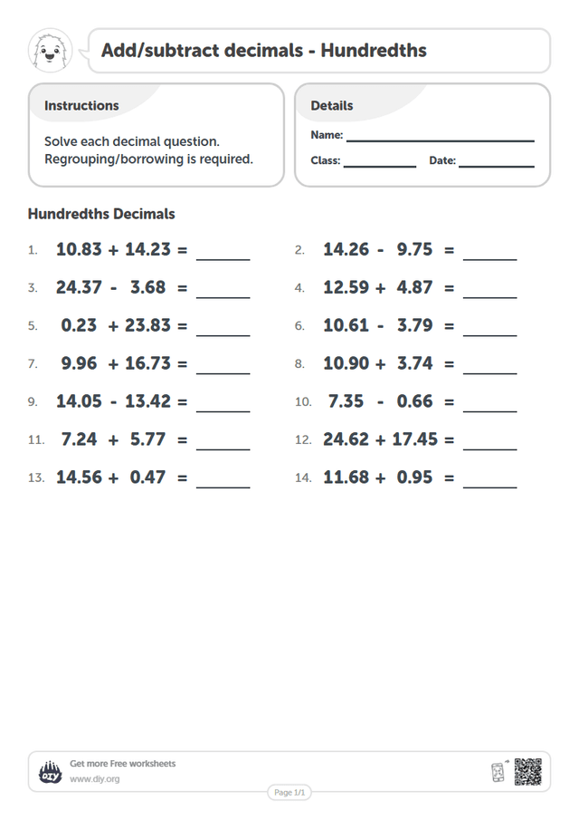 Add/subtract decimals - Hundredths page 1