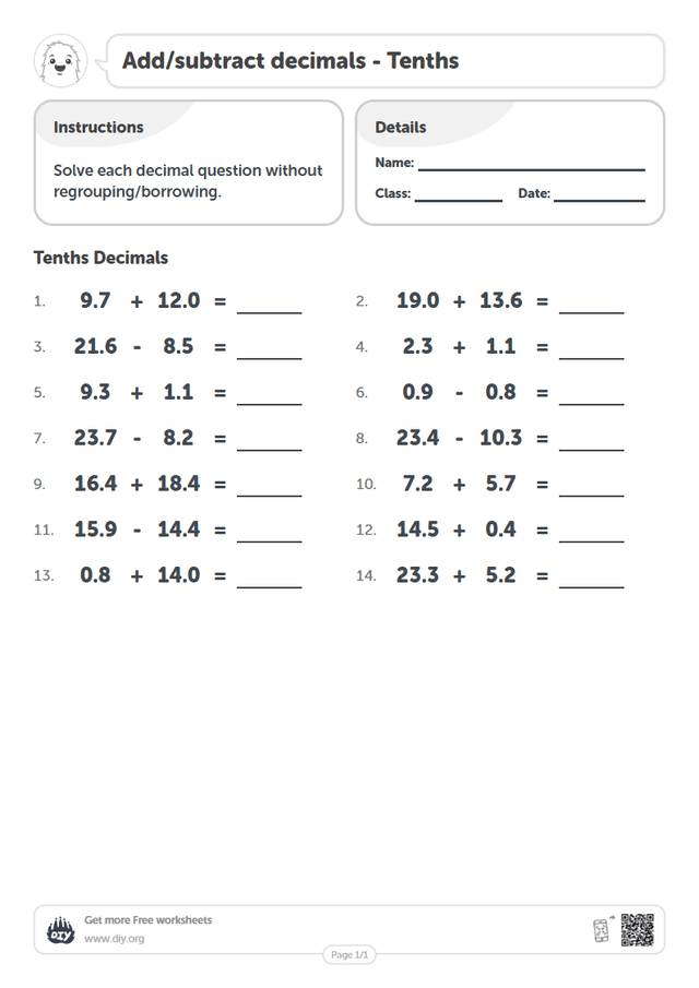 Add/subtract decimals - Tenths page 1