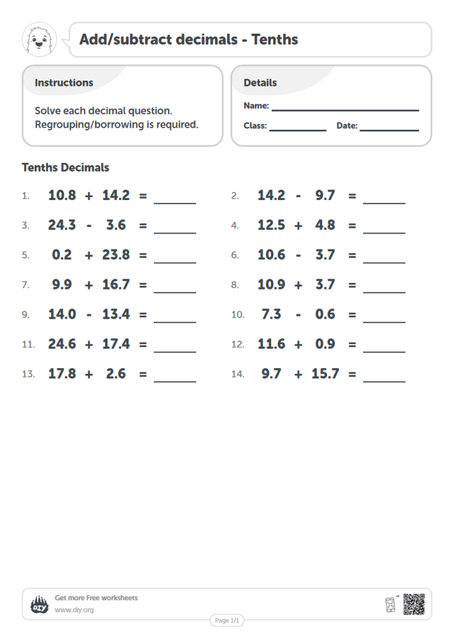 Add/subtract decimals - Tenths page 1