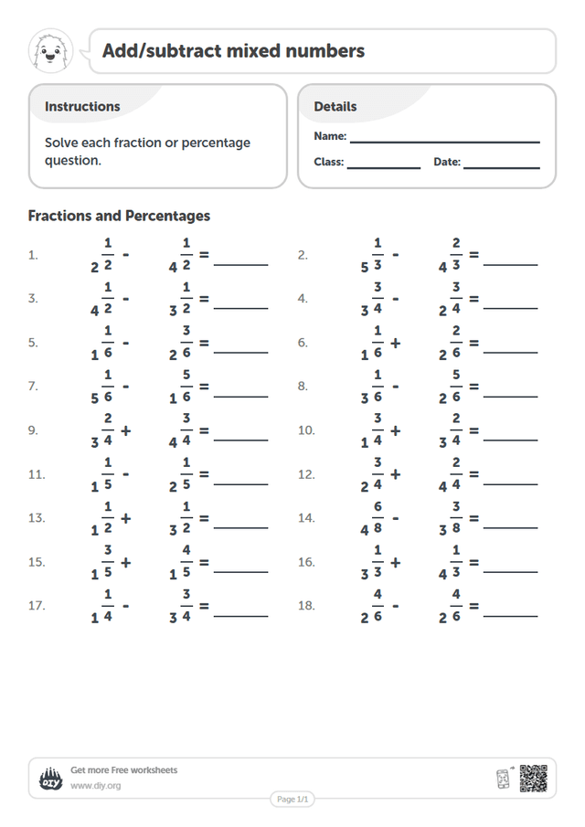 Add/subtract mixed numbers page 1