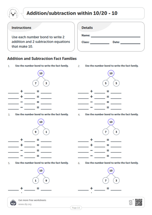 Addition/subtraction within 10/20 - 10 page 1