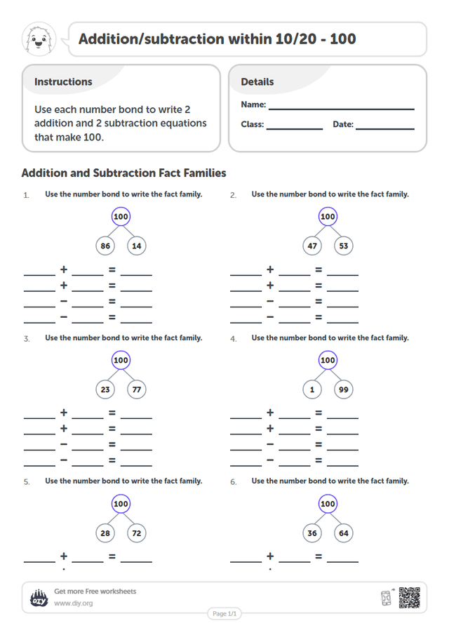 Addition/subtraction within 10/20 - 100 page 1