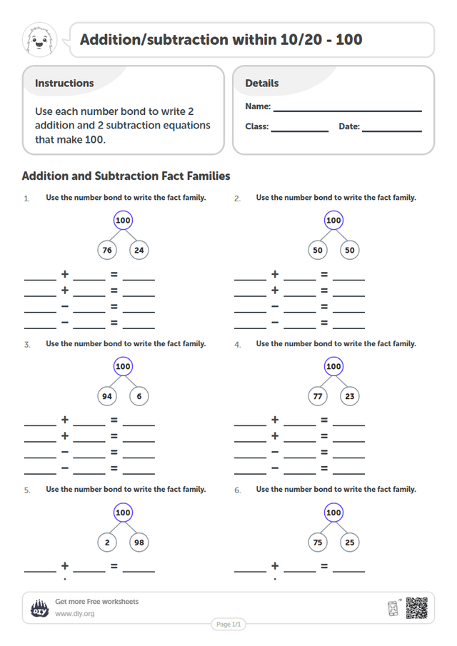 Addition/subtraction within 10/20 - 100 page 1