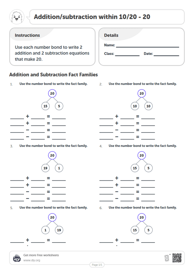 Addition/subtraction within 10/20 - 20 page 1