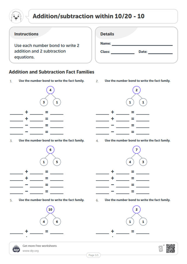 Addition/subtraction within 10/20 - 10 page 1