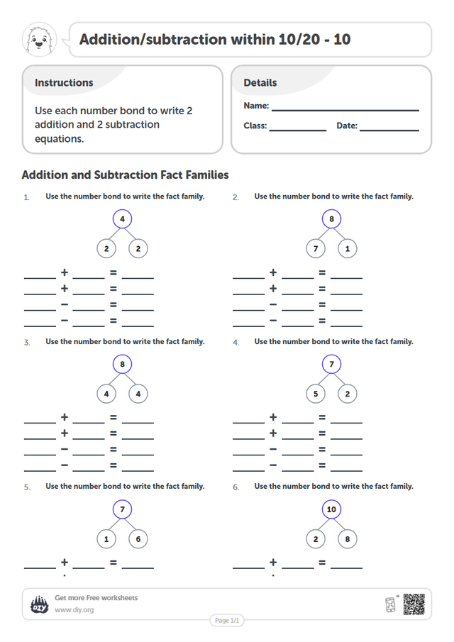 Addition/subtraction within 10/20 - 10 page 1