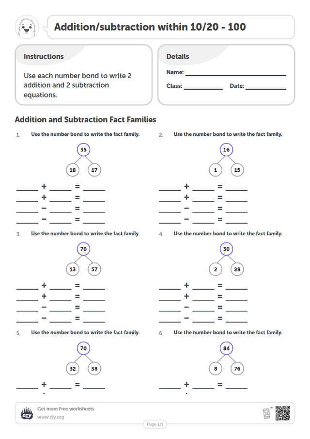 Addition/subtraction within 10/20 - 100 page 1