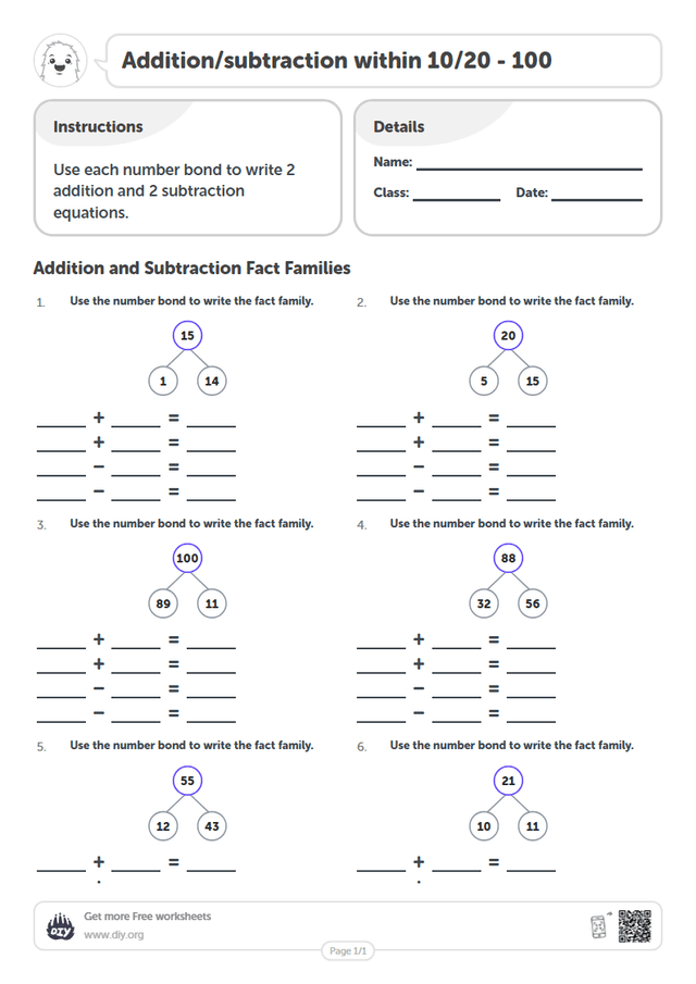 Addition/subtraction within 10/20 - 100 page 1