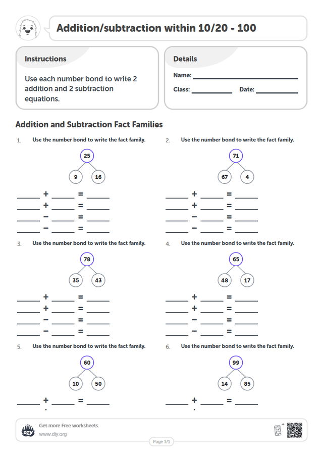 Addition/subtraction within 10/20 - 100 page 1