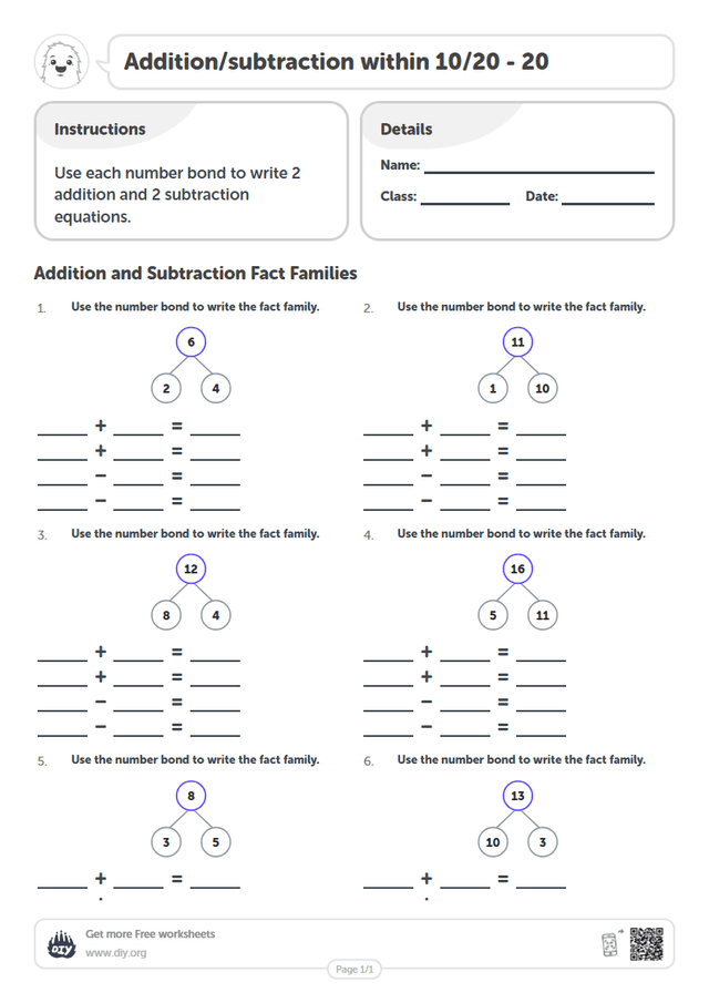 Addition/subtraction within 10/20 - 20 page 1