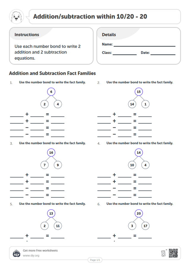 Addition/subtraction within 10/20 - 20 page 1