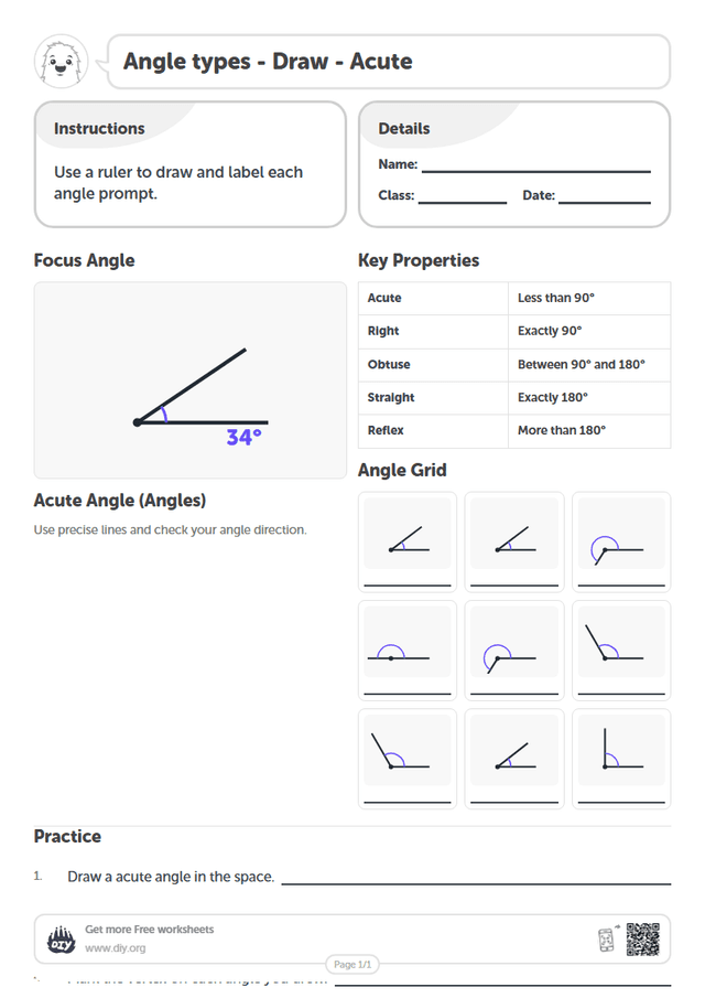 Angle types - Draw - Acute page 1