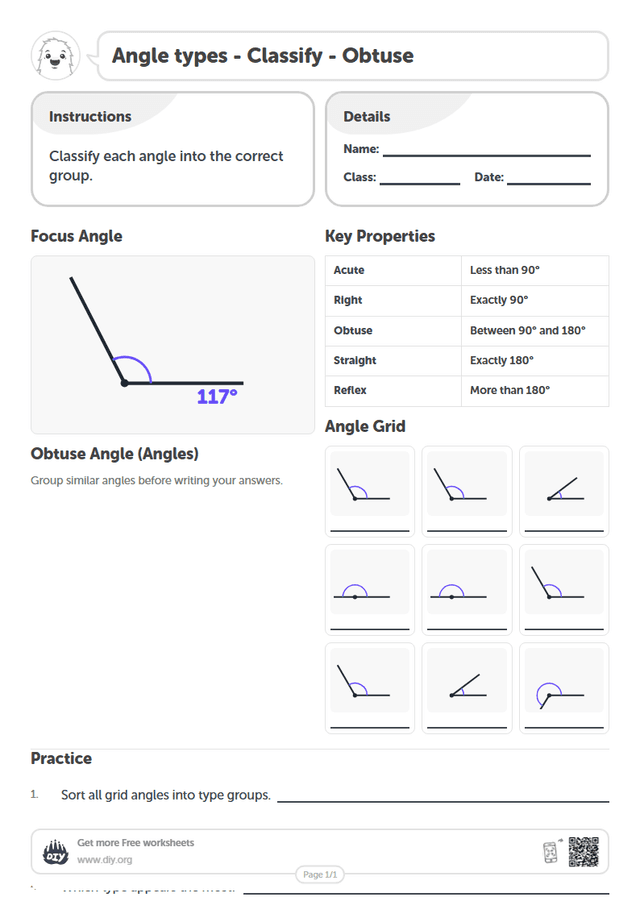 Angle types - Classify - Obtuse page 1