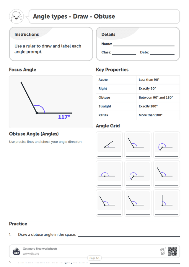 Angle types - Draw - Obtuse page 1