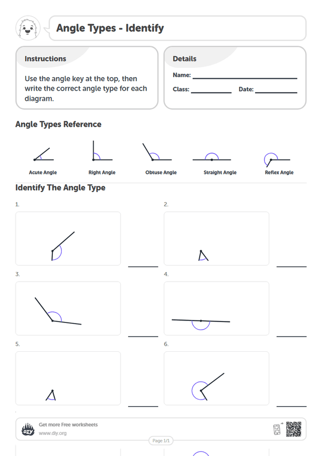 Angle types - Identify - Obtuse page 1