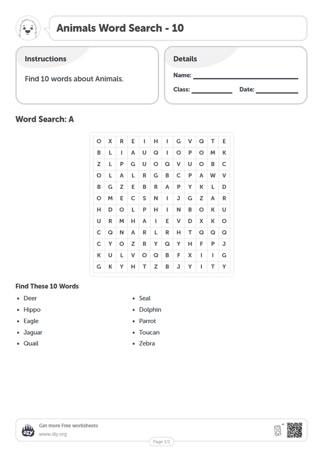 Animals Word Search page 1