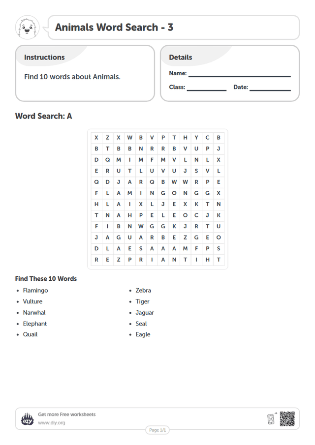Animals Word Search page 1