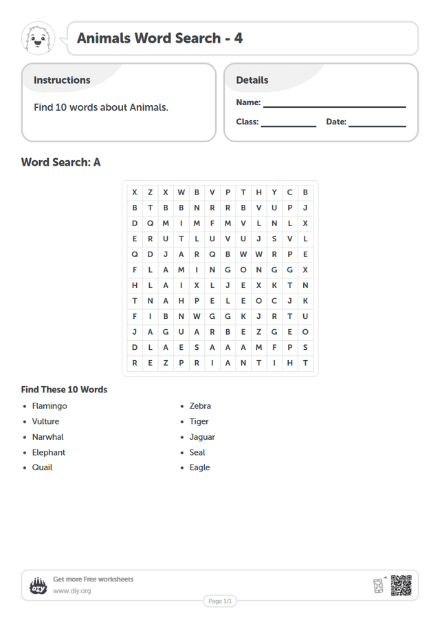 Animals Word Search page 1