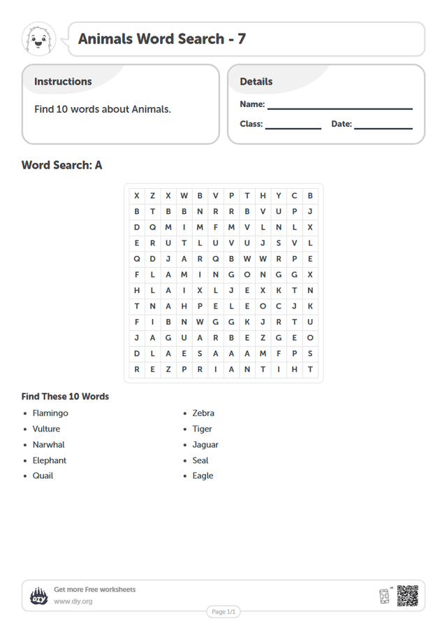 Animals Word Search page 1