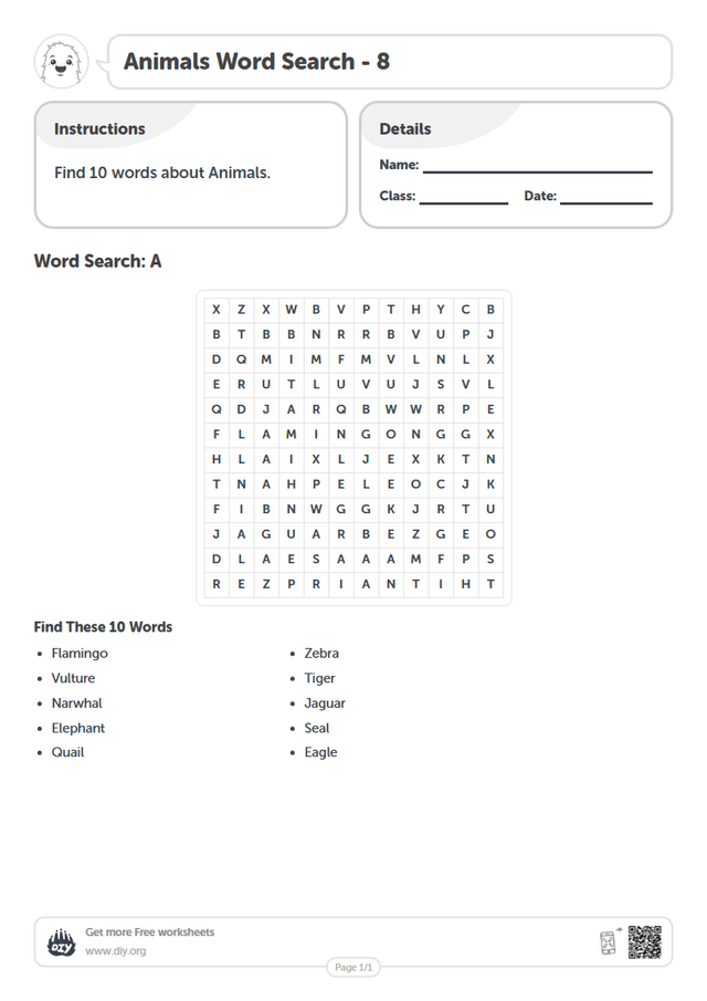 Animals Word Search page 1