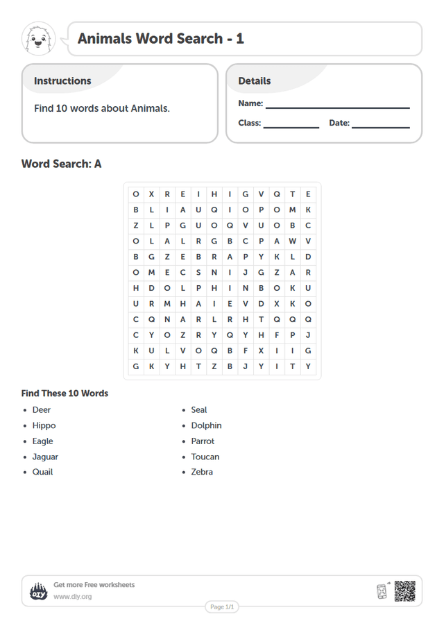 Animals Word Search page 1