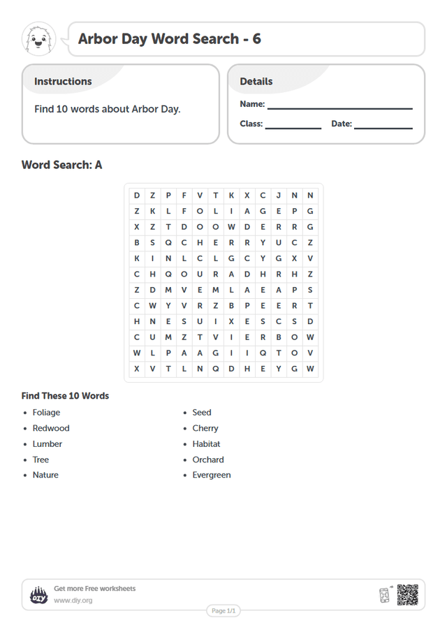 Arbor Day Word Search page 1