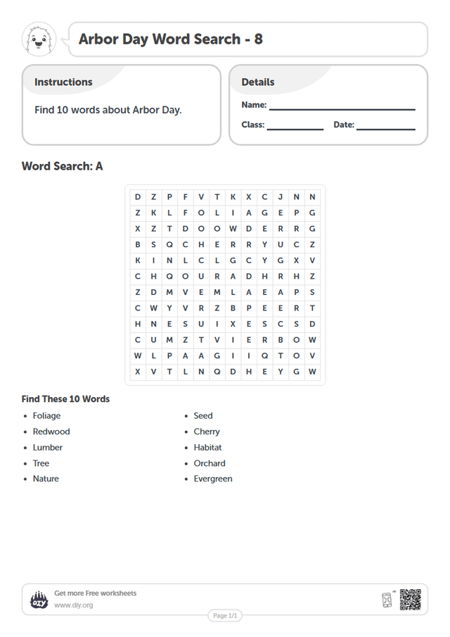 Arbor Day Word Search page 1