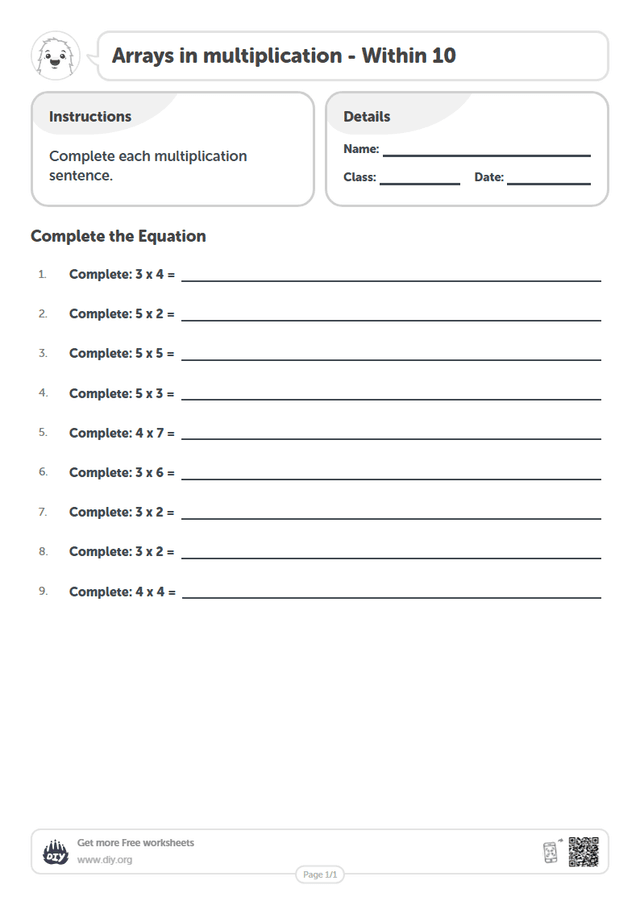 Arrays in multiplication - Within 10 page 1
