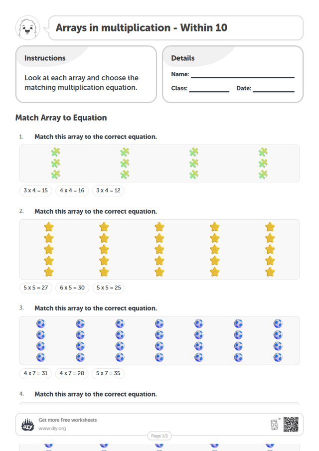 Arrays in multiplication - Within 10 page 1