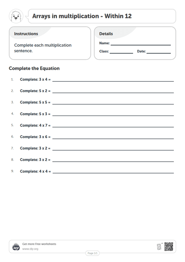 Arrays in multiplication - Within 12 page 1