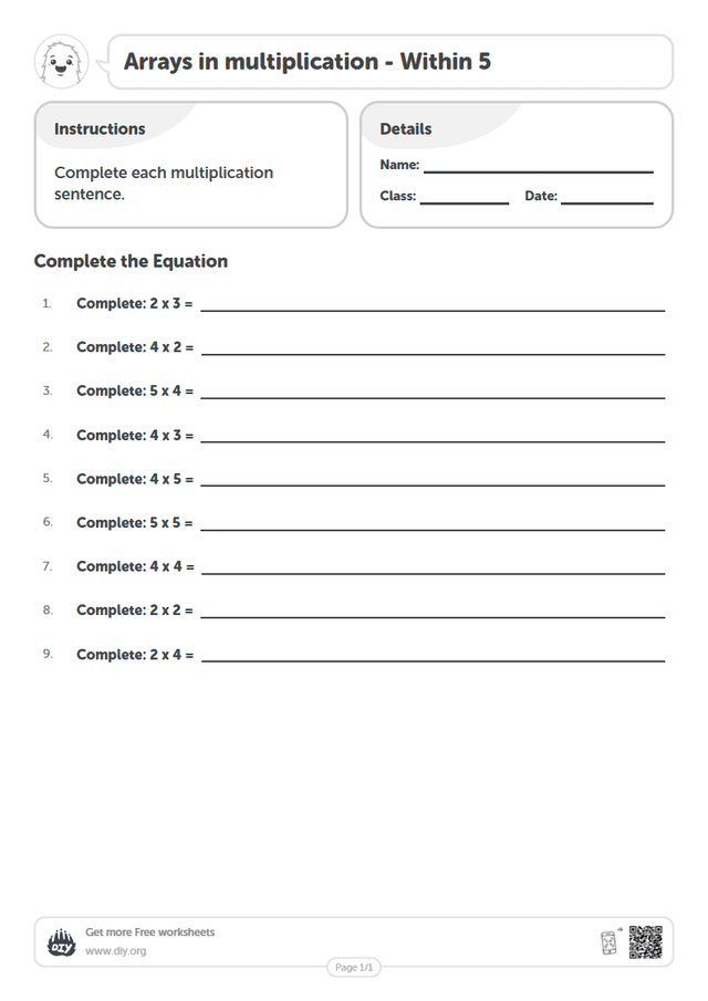Arrays in multiplication - Within 5 page 1