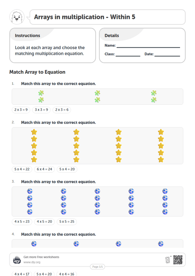 Arrays in multiplication - Within 5 page 1