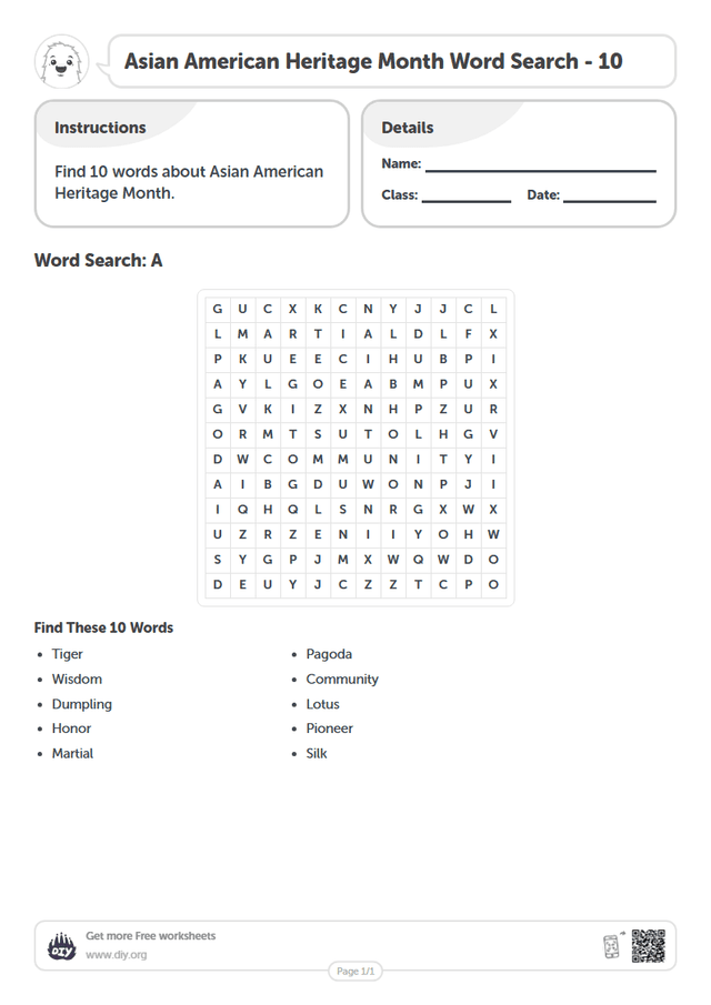 Asian American Heritage Month Word Search page 1