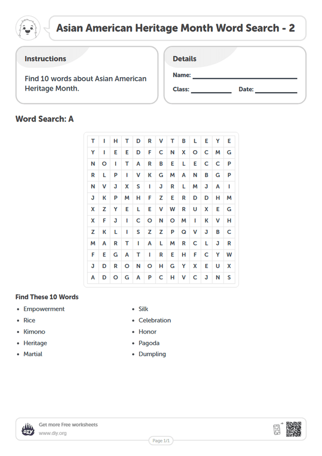 Asian American Heritage Month Word Search page 1