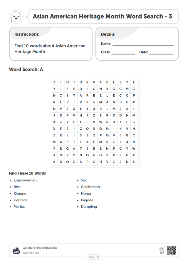 Asian American Heritage Month Word Search page 1