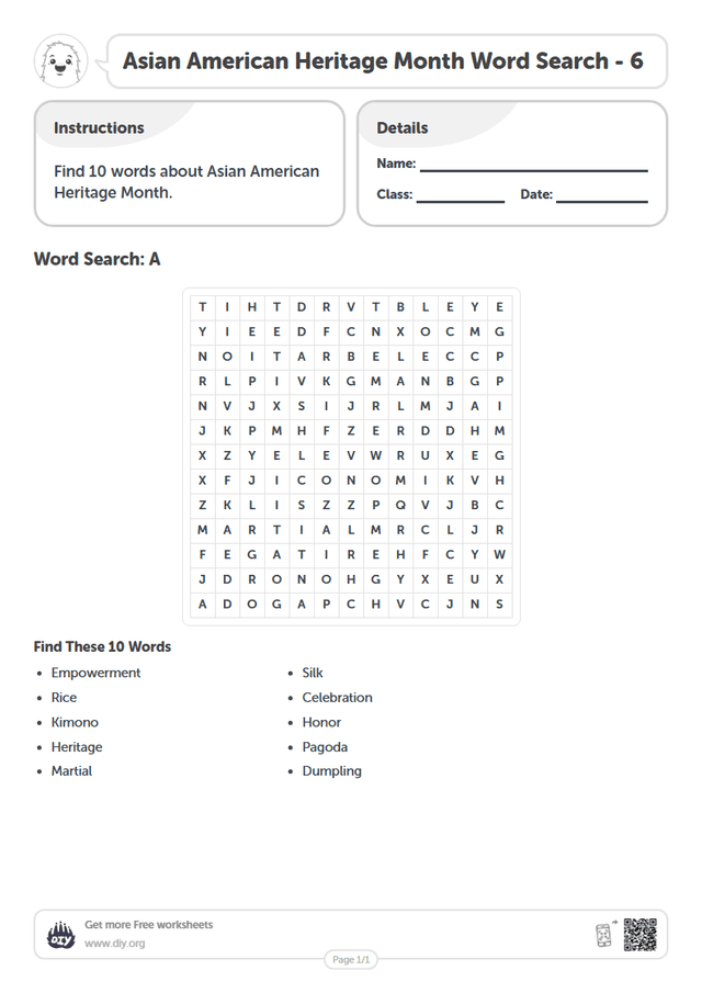 Asian American Heritage Month Word Search page 1