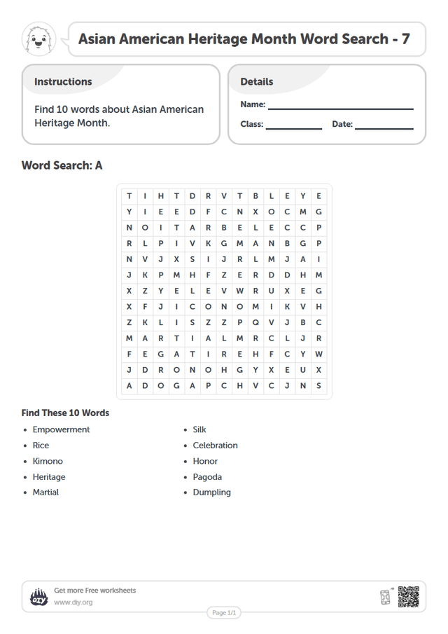 Asian American Heritage Month Word Search page 1