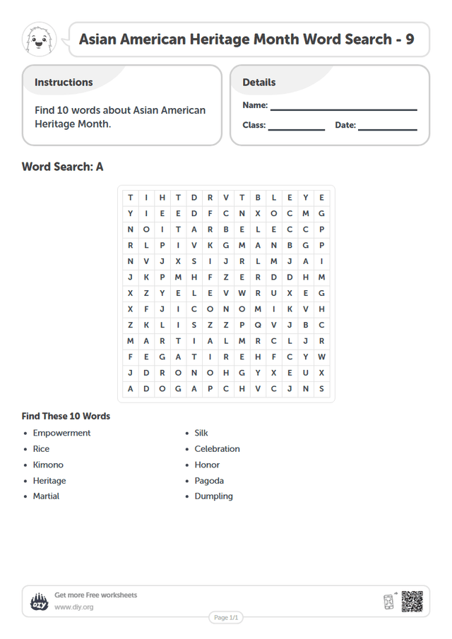 Asian American Heritage Month Word Search page 1