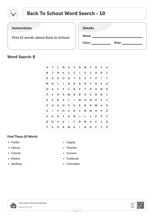 Back To School Word Search page 1
