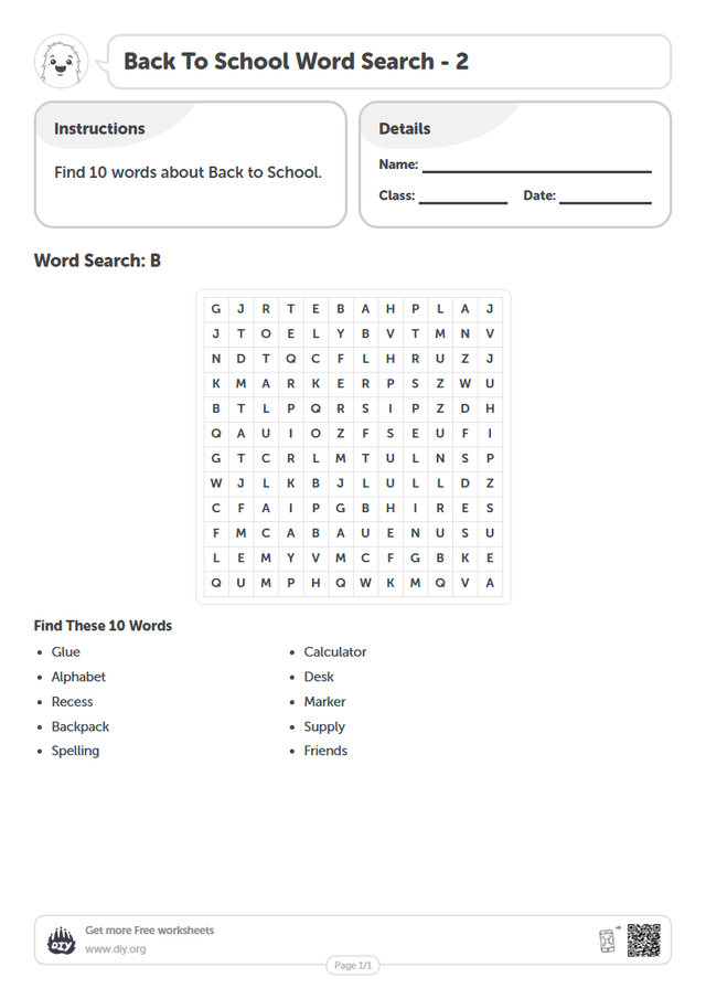Back To School Word Search page 1
