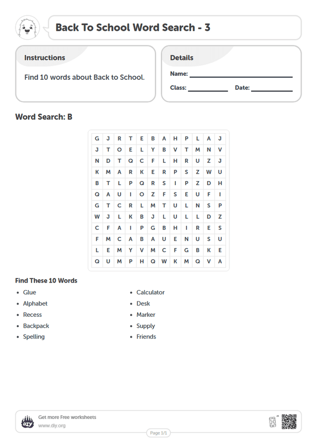Back To School Word Search page 1