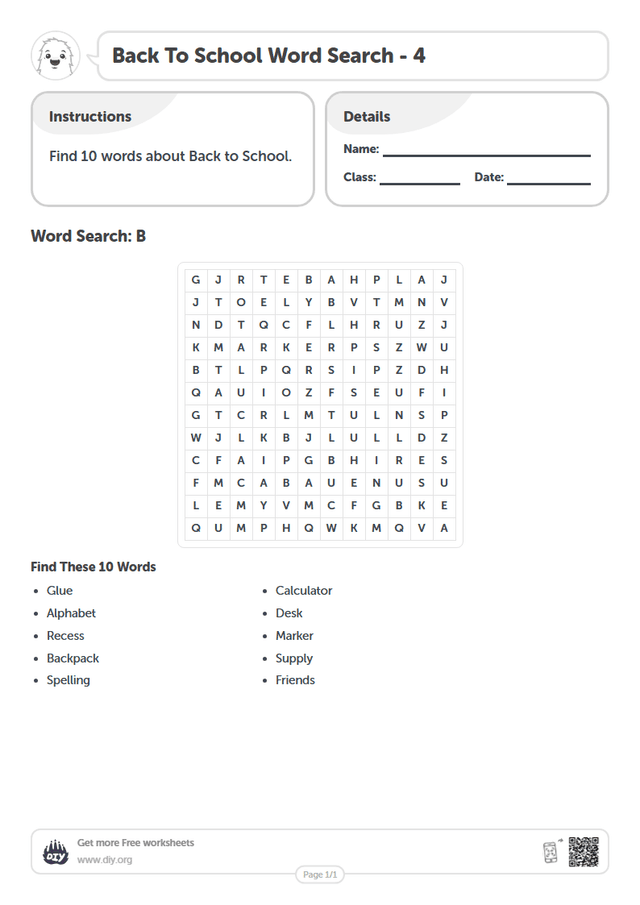 Back To School Word Search page 1
