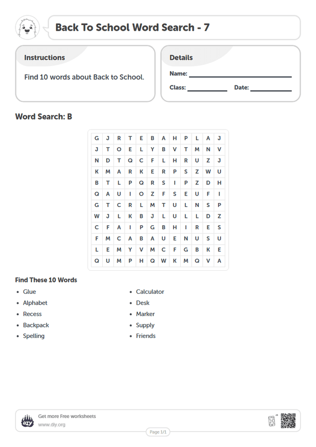Back To School Word Search page 1