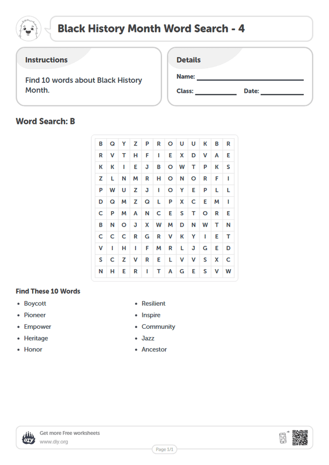 Black History Month Word Search page 1