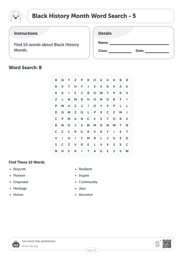 Black History Month Word Search page 1
