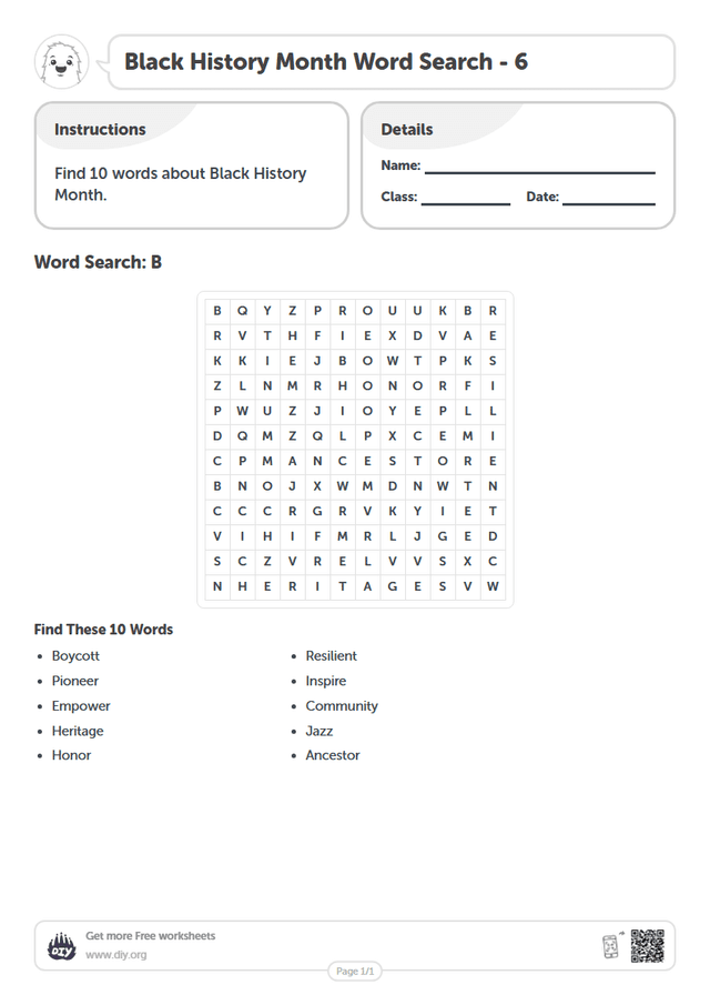 Black History Month Word Search page 1