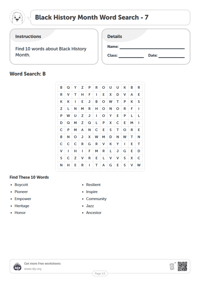 Black History Month Word Search page 1