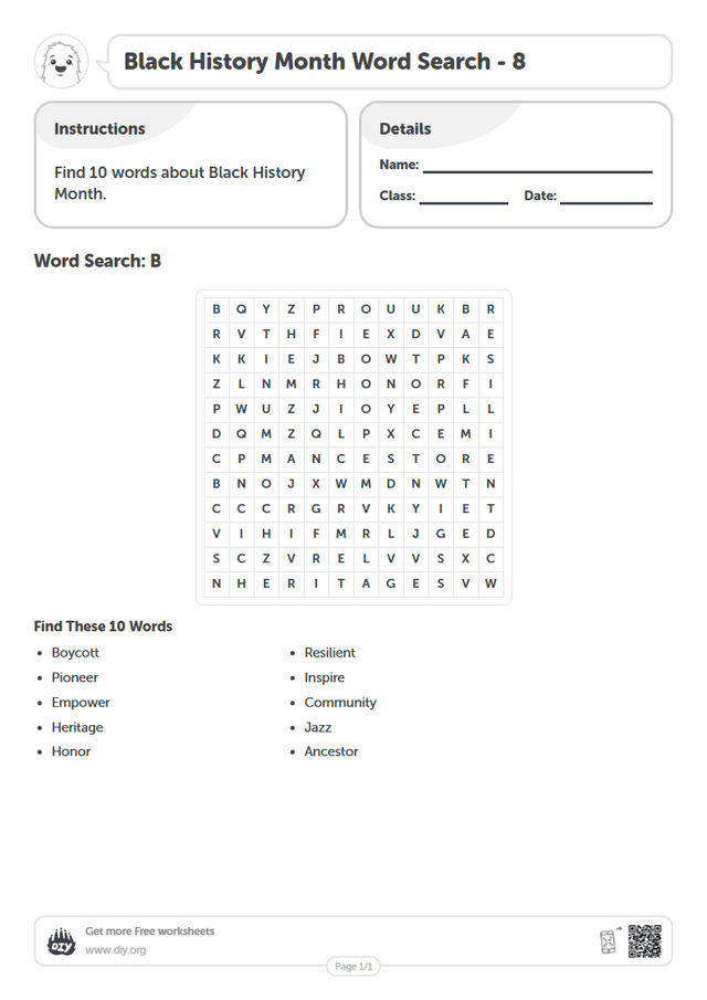 Black History Month Word Search page 1