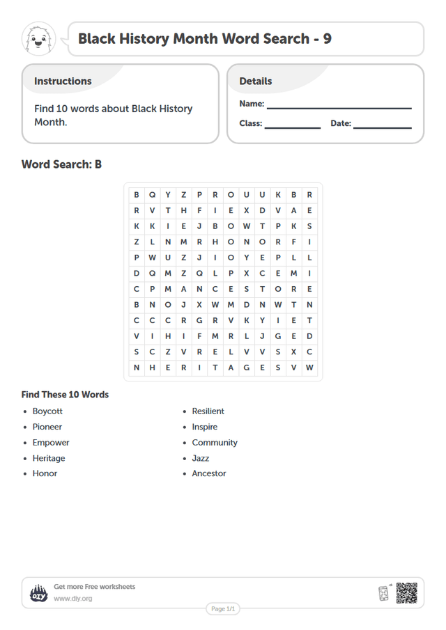 Black History Month Word Search page 1